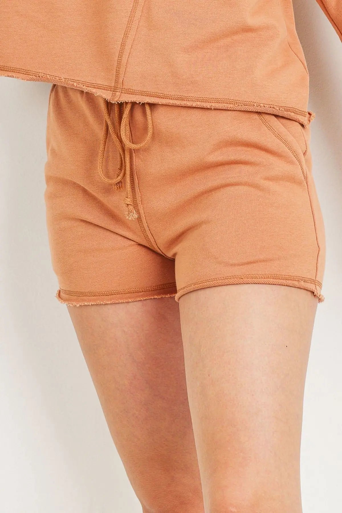 Solid French Terry Waist String With Raw Bottom Hem Shorts Sunny EvE Fashion