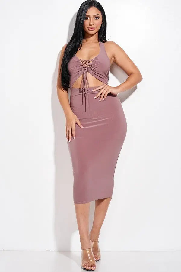 Solid Halter Neck Midi Dress With Criss Cross Front And Cutout Sunny EvE Fashion