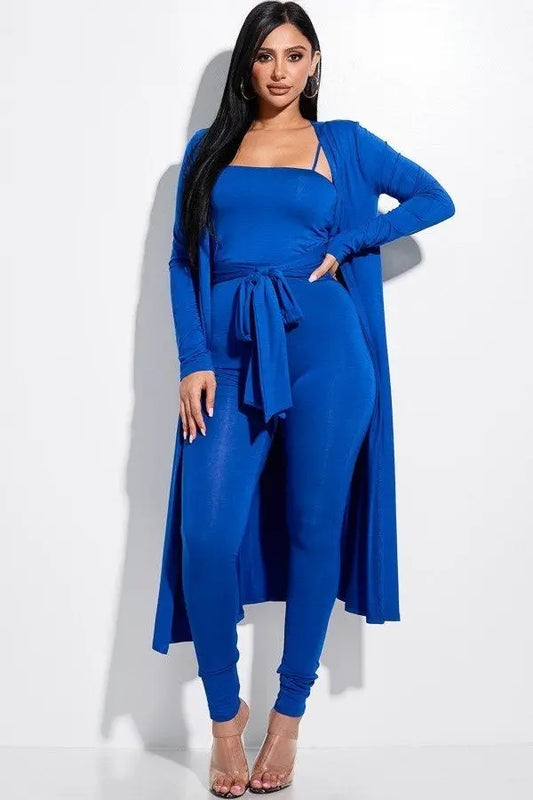 Solid Heavy Rayon Spandex Spaghetti Strap Jumpsuit With Waist Tie And Duster 2 Piece Set Sunny EvE Fashion