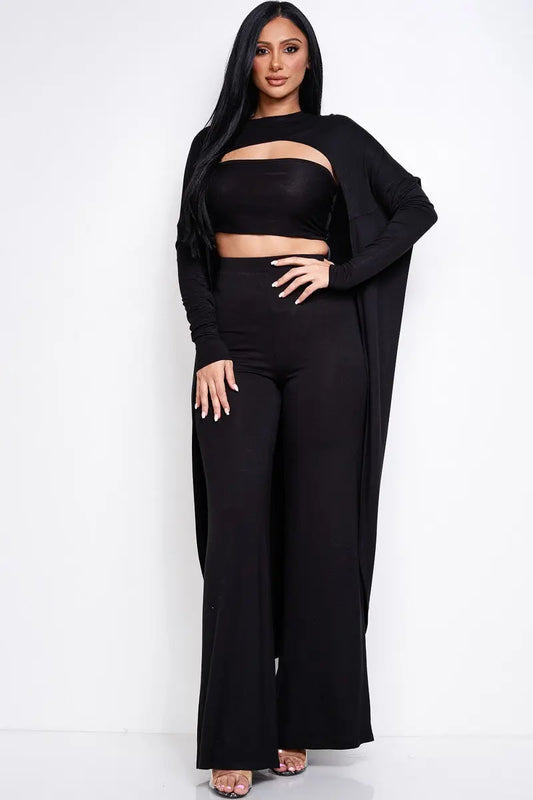 Solid Heavy Rayon Spandex Tube Top, Long Sleeve Cape Top And Wide Leg Pants 3 Piece Set Sunny EvE Fashion