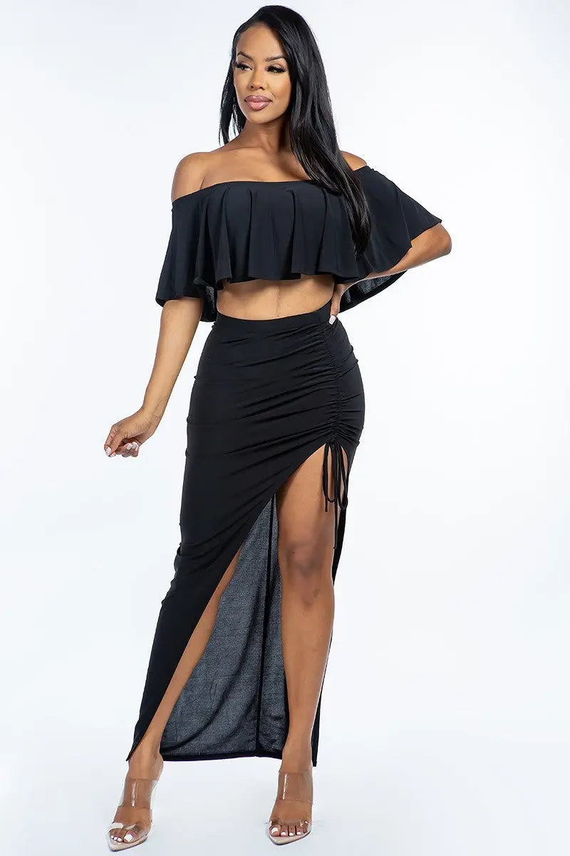 Solid Ity Off The Shoulder Ruffled Cropped Top And Ruched Maxi Skirt Two Piece Set Sunny EvE Fashion