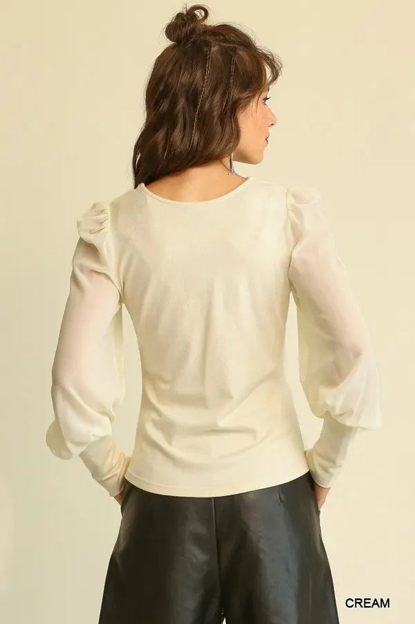 Solid Knit And Chiffon Mixed Top With Puff Long Sleeve Sunny EvE Fashion