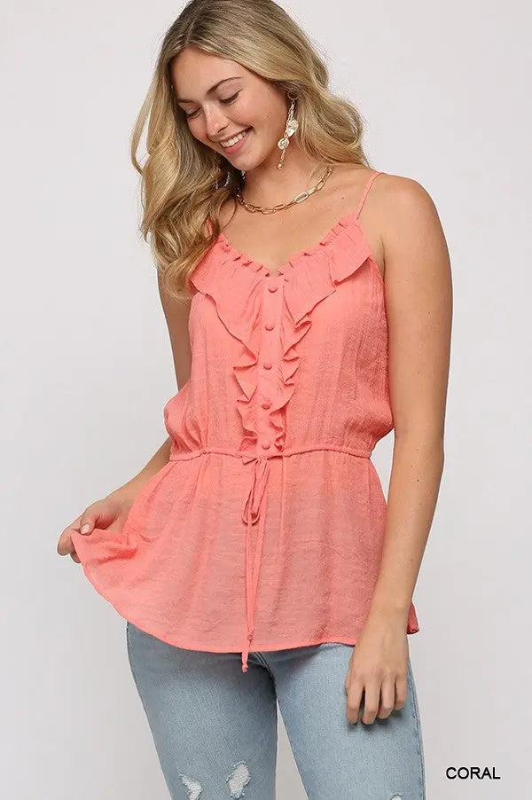 Solid Textured And Button Detail Ruffle Cami Top With Elastic Waist And Drawstring Sunny EvE Fashion