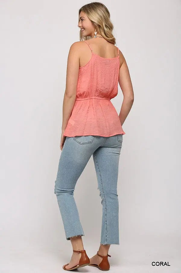 Solid Textured And Button Detail Ruffle Cami Top With Elastic Waist And Drawstring Sunny EvE Fashion