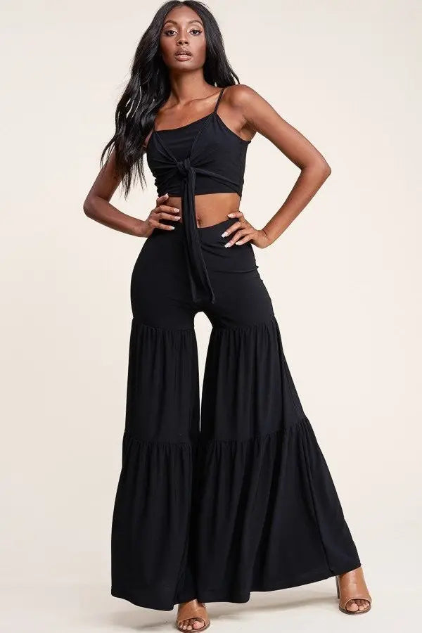 Solid Tie Front Spaghetti Strap Tank Top And Tiered Wide Leg Pants Two Piece Set Sunny EvE Fashion