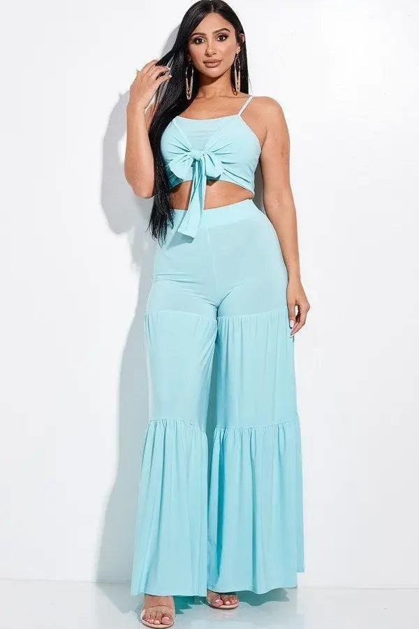 Solid Tie Front Spaghetti Strap Tank Top And Tiered Wide Leg Pants Two Piece Set Sunny EvE Fashion