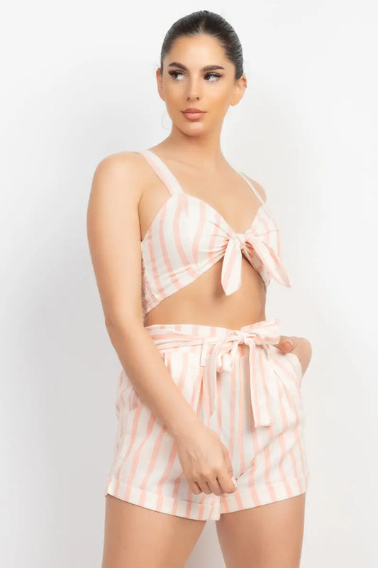 Tie-front Striped Crop Top & Belted Shorts Set Sunny EvE Fashion