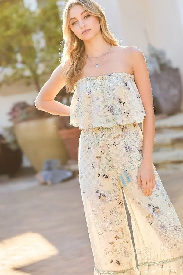 Tube Top With Tier Ruffle Waist Elastic Bottom Lace Trim Jumpsuit Sunny EvE Fashion