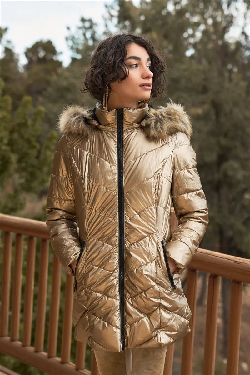 Vinyl Glossy Finish Fitted Faux Fur Hood Chevron Padded Puffer Jacket Sunny EvE Fashion
