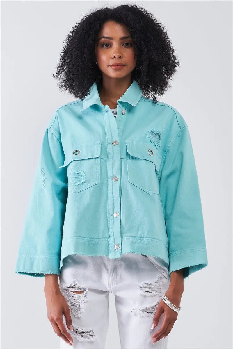 Washed Distressed Button-down Front Raw Hem Detail Wide Sleeve Oversized Denim Jacket Sunny EvE Fashion