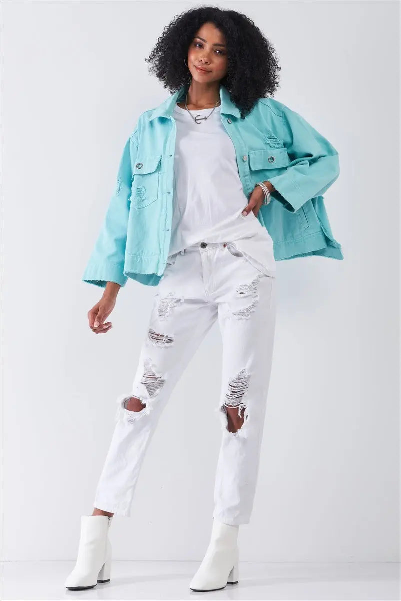 Washed Distressed Button-down Front Raw Hem Detail Wide Sleeve Oversized Denim Jacket Sunny EvE Fashion