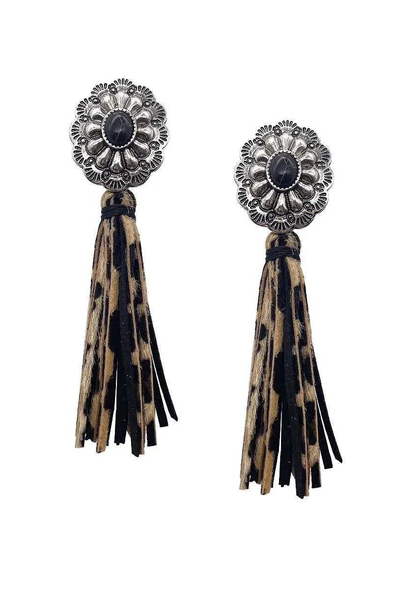 Western Style Natural Stone Faux Leather Tassel Dangle Earring Sunny EvE Fashion
